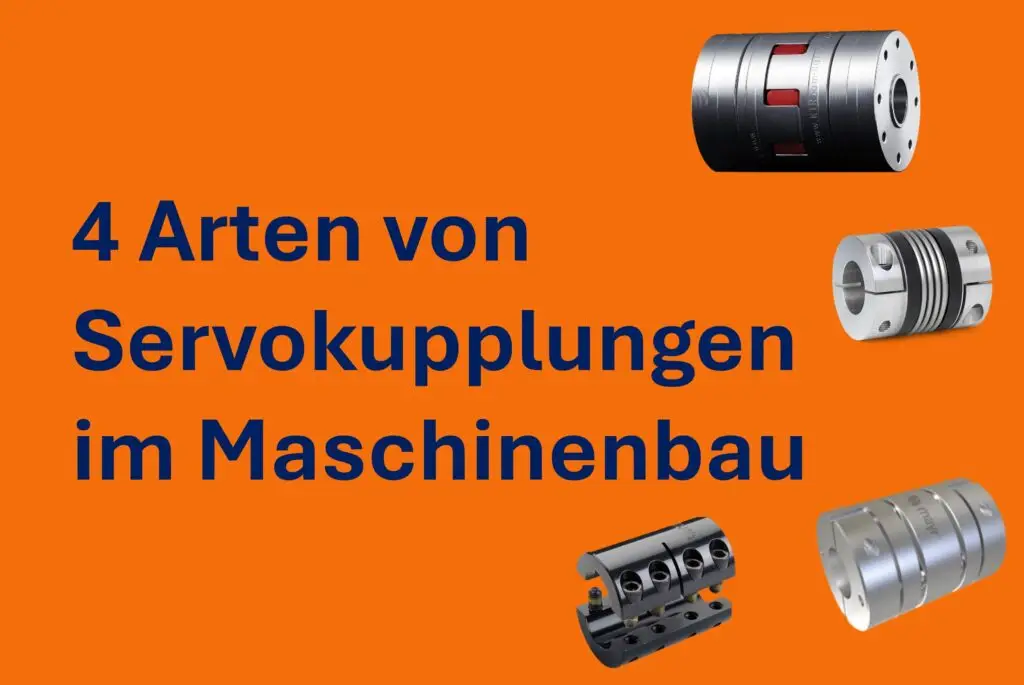 Titelbild zu Servokupplungen. Bildkollage verschiedener Servokupplungen: Elastomerkupplung, Lamellenkupplung, Metallbalgkupplung und Schalenkupplung